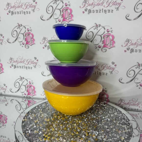4 bowls colorful Stacking Bowls Set lids and base yellow purple green blue - Picture 1 of 6